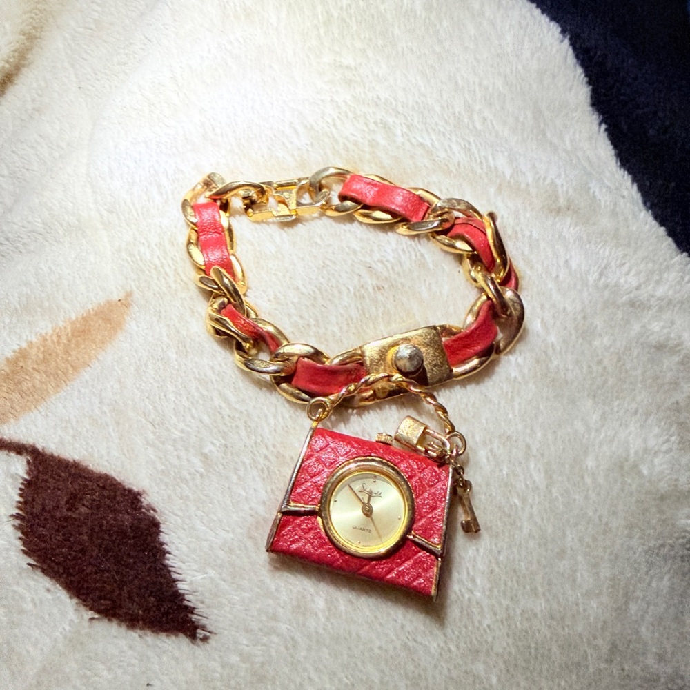 Source Unknown Gold and Red Chain Link Charm Watch Bracelet